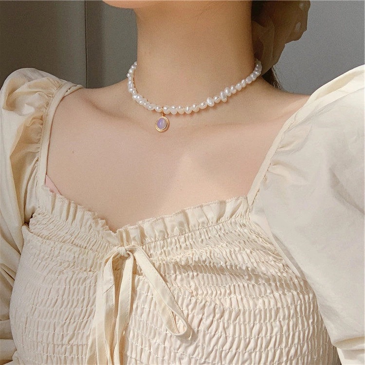 Vòng cổ xỏ hạt ngọc trai giả hình oval thời trang sang trọng cho nữ