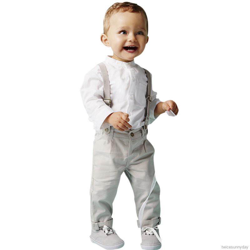 Set áo thun ngắn tay cổ tròn + quần dài có dây đeo thời trang cho bé trai