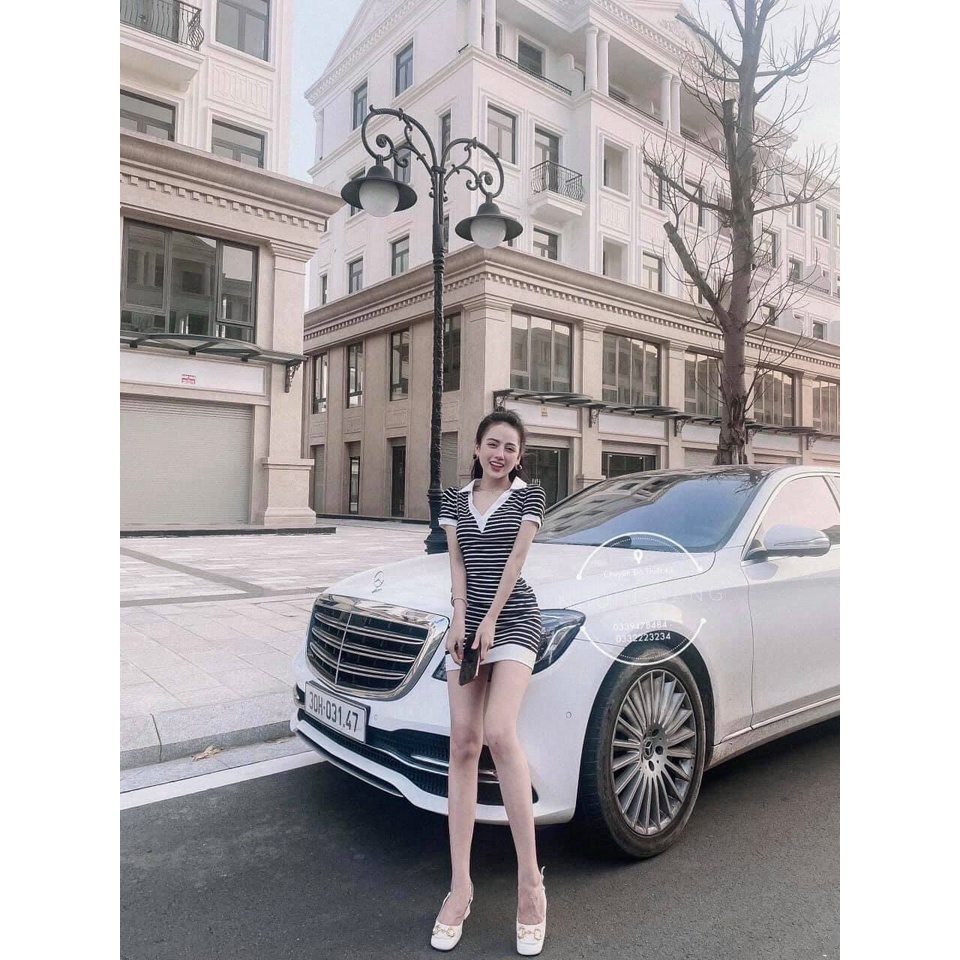 Đầm thun gân cổ bẻ cẻ V tay ngắn sọc trắng đen viền màu LL