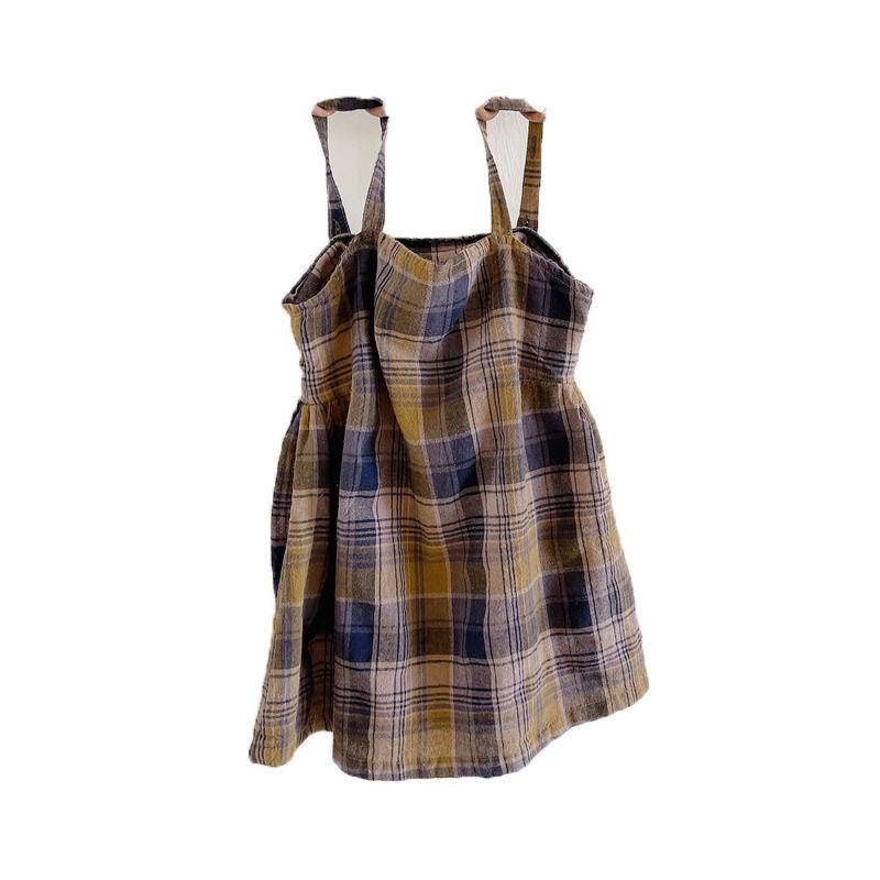 Áo đầm hai dây vải cotton và lanh họa tiết kẻ ô cổ điển phong cách Hàn Quốc dành cho bé gái