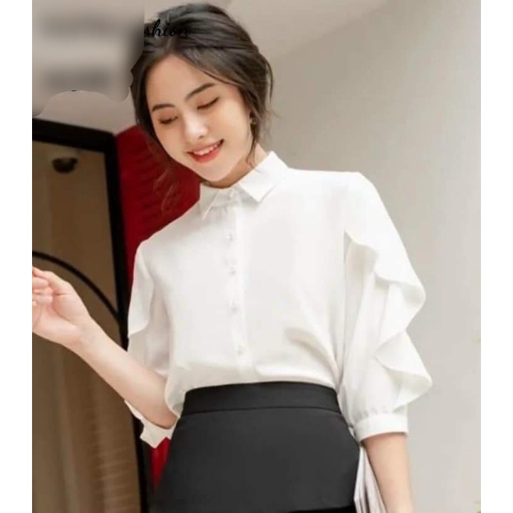 Áo sơ mi nữ cotton lụa cổ đức tay phối bèo thiết kế Tây Collection