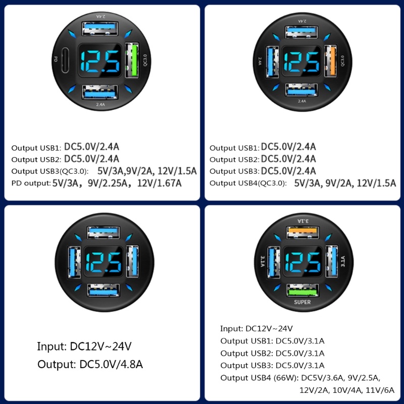 Cục Sạc Điện Thoại Bốn Cổng USB QC3.0 4 Đèn LED 66W