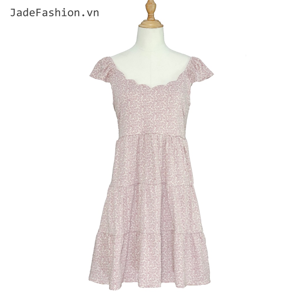 Đầm thun hoa nhí cổ thuyền tay bèo màu hồng lợt mini dress - jf532