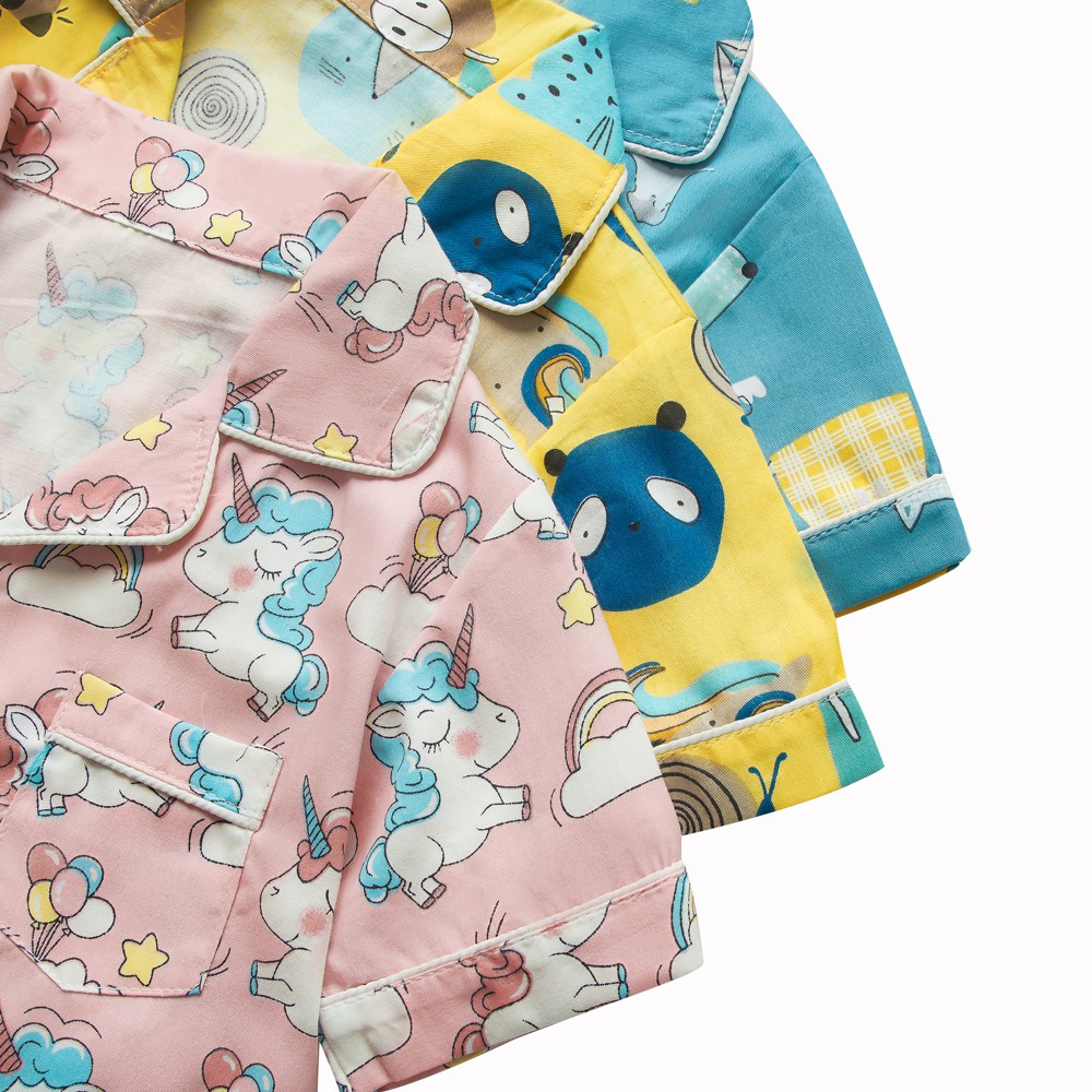 Bộ quần áo đồ ngủ pijama cộc tay nhiều họa tiết dễ thương chất cotton tháng mát dành cho bé trai bé gái