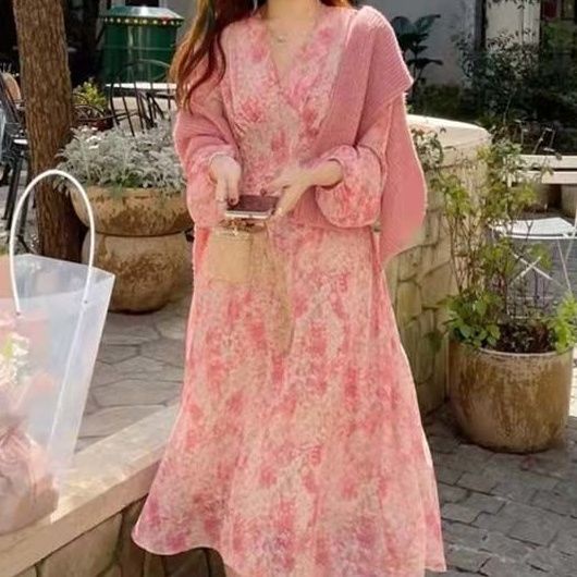 Spring New Style French Retro Dress Slimmer Look Gentle Pink Sweet Floral Long