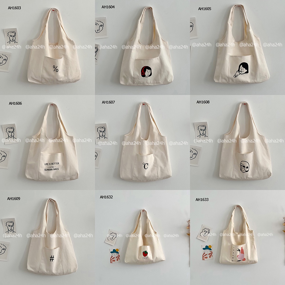 Túi tote vải Canvas đi học có túi nhỏ trước in hình ngộ nghĩnh phong cách thời trang Hàn Quốc