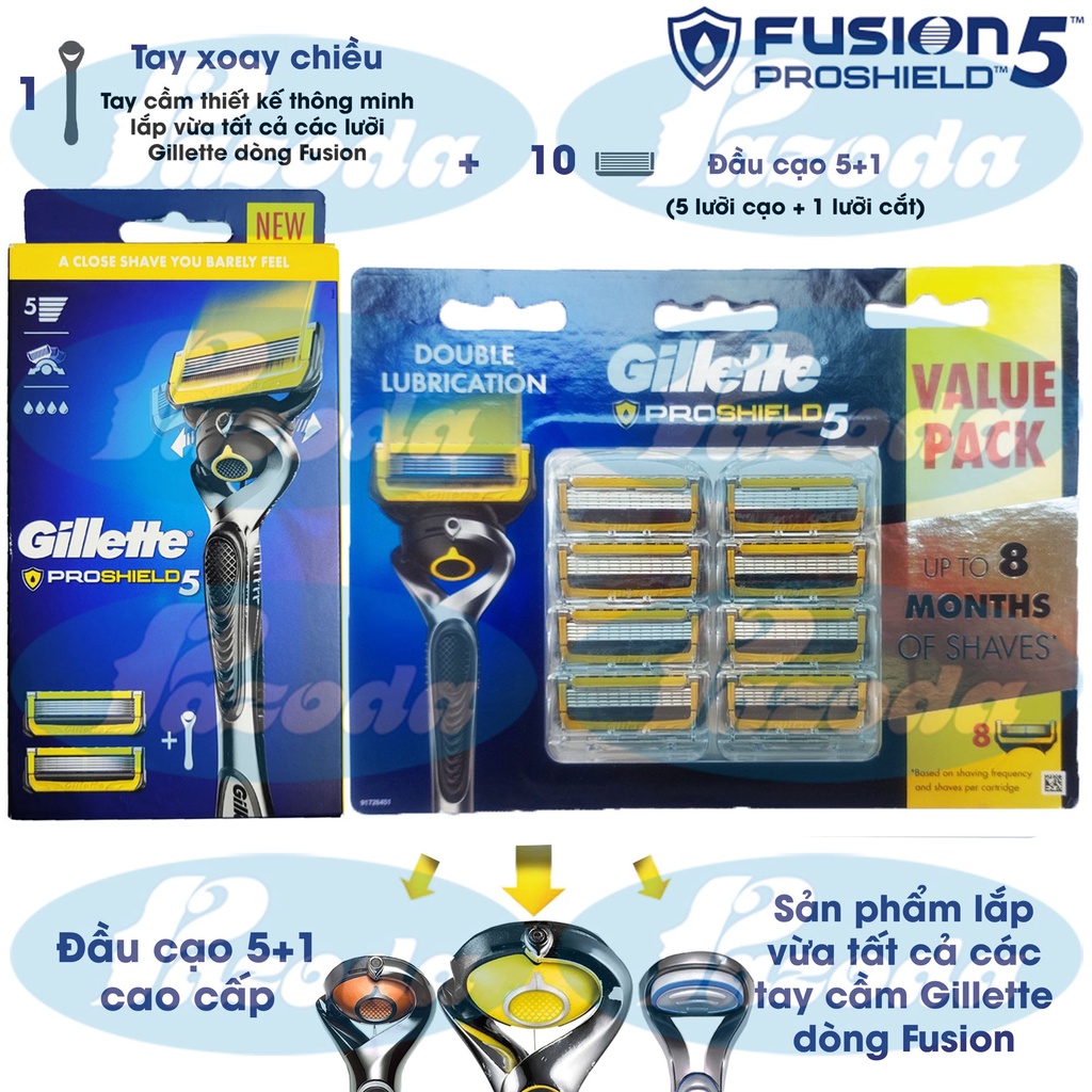 Bộ dao cạo râu 5 lưỡi Gillette Proshield5 (1 tay cầm xoay chiều + 10 đầu cạo 5+1)