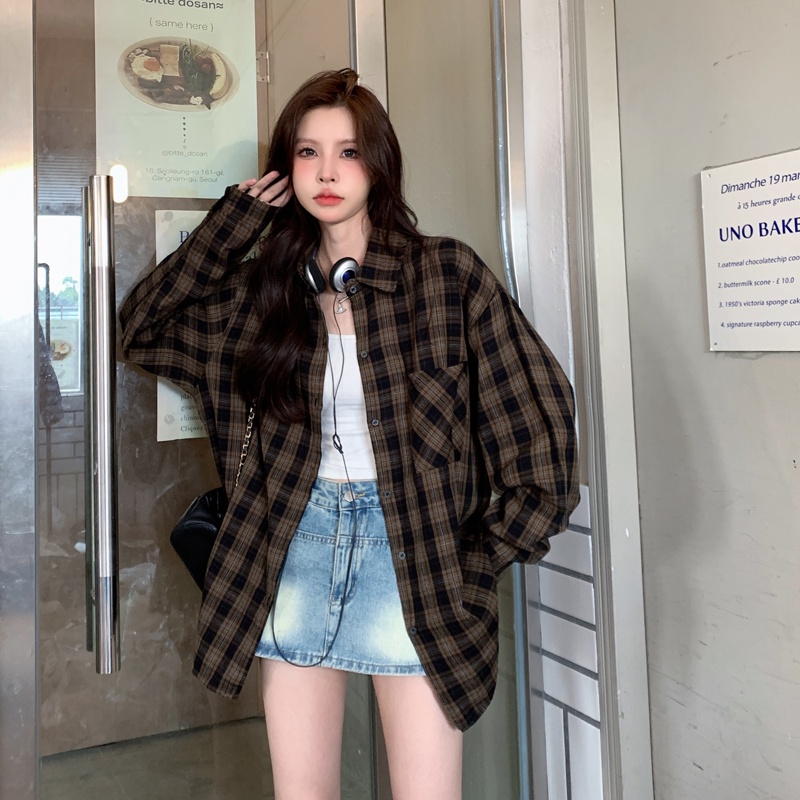 SUXI Áo Sơ Mi Tay Dài Dáng Ôm Sọc Ca Rô Thời Trang Trẻ Trung Cho Nam Nữ