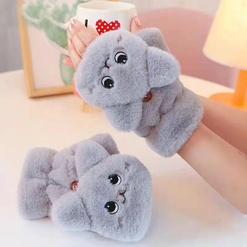 Găng tay hở ngón đính lông thỏ mềm mại dễ thương