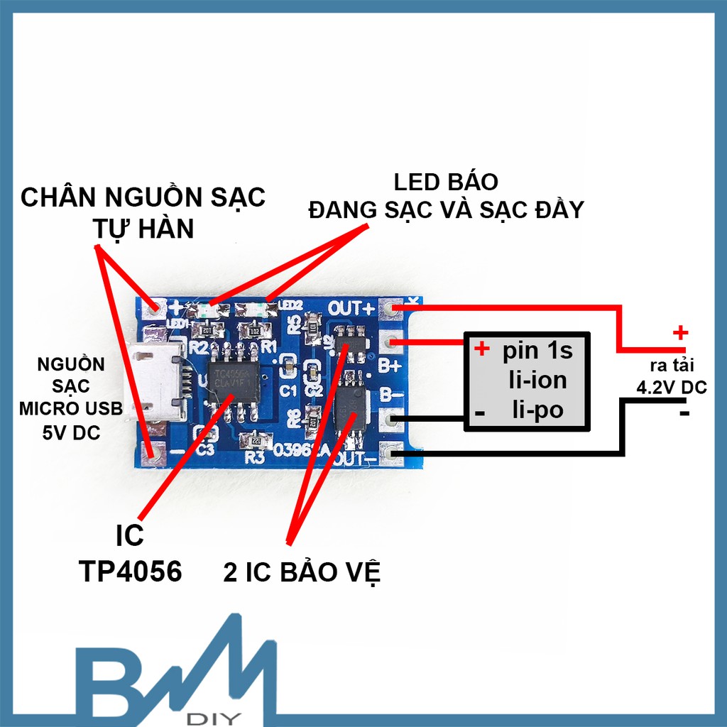 Mạch sạc pin Li-ion 18650 3.7V 1A TP4056 có bảo vệ