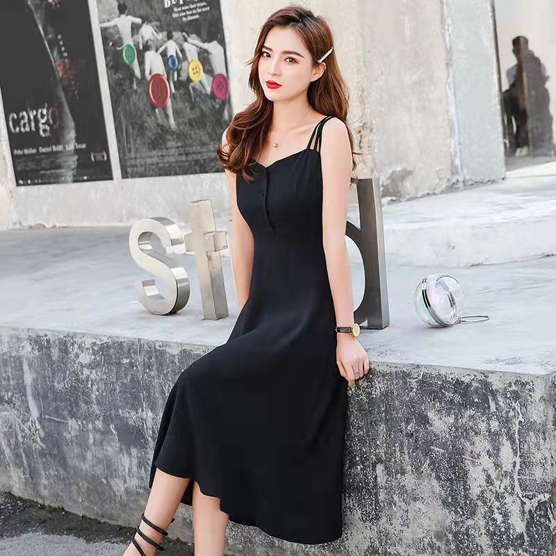 Đầm Hai Dây Dáng Dài Cổ Vuông Màu Đen Phong Cách Hàn Quốc Thời Trang Cho Nữ
