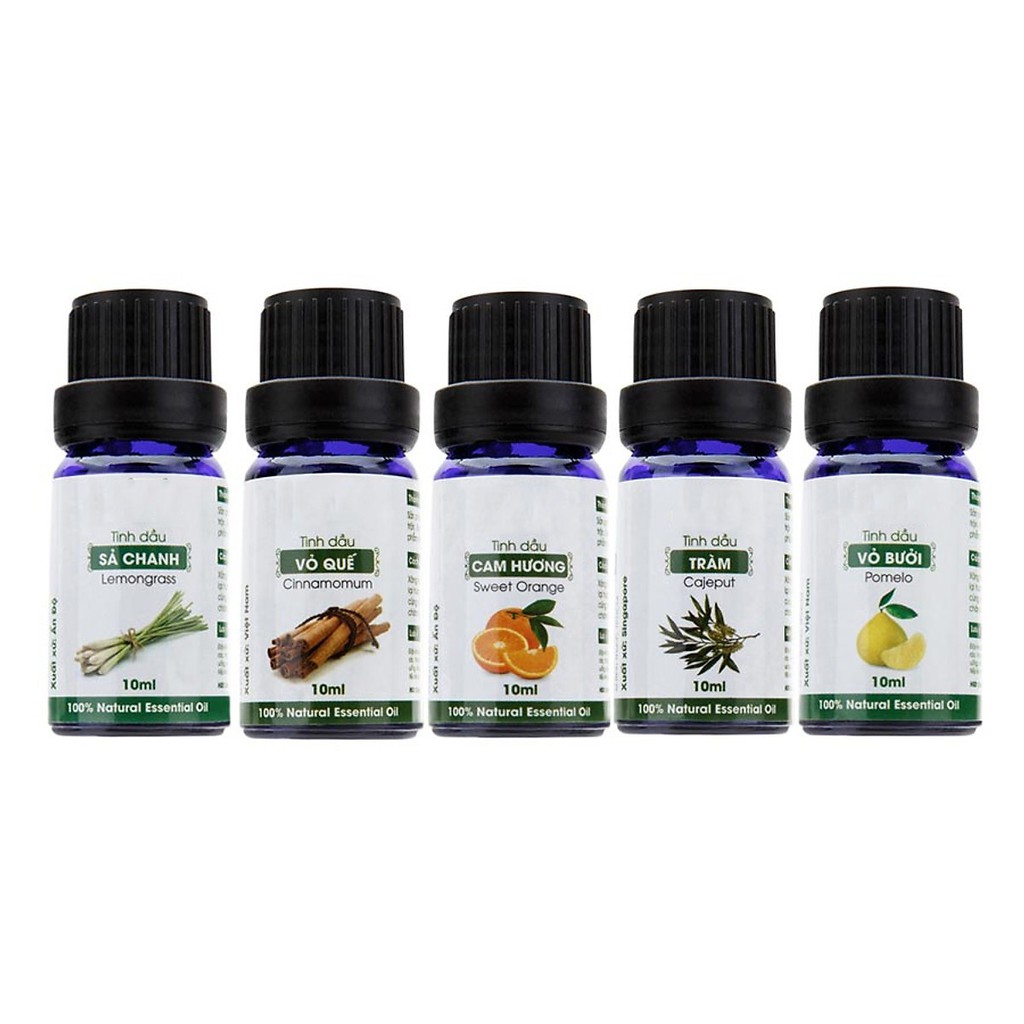 Combo 5 Chai Tinh Dầu Sả Chanh + Quế + Cam + Tràm + Bưởi (10ml x 5)