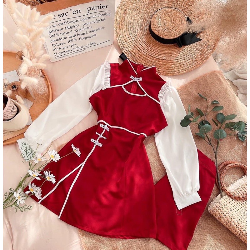 SET ÁO ĐỎ CỔ TÀU CUT-OUT NGỰC PHỐI TAY TRẮNG + SHORT ❣️