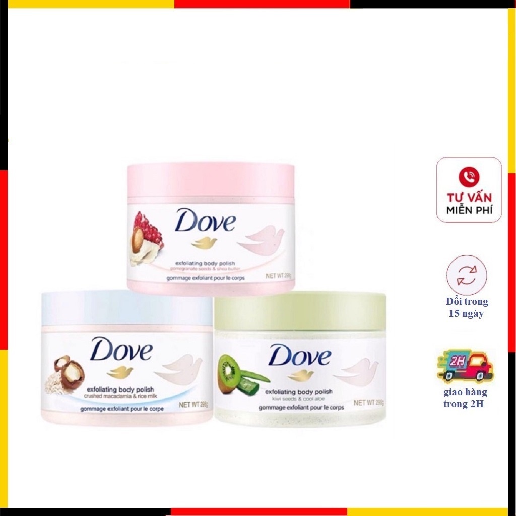 Kem Tẩy tế bào chết,Tẩy da chết Dove 225ml Macadamia và Lựu
