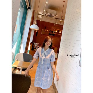Đầm suông Caro cổ nơ trắng ( Xanh - Da )