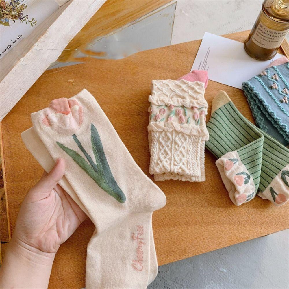 Vớ Cổ Trung Phối Bèo Họa Tiết Hoa Tulip Dễ Thương Thời Trang Thu Đông Cho Nữ