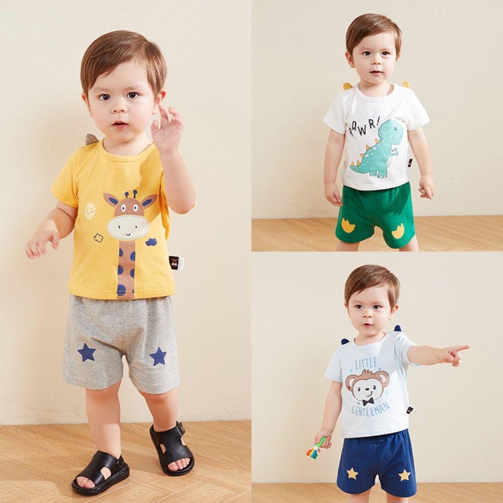 Bộ cộc tay cho bé trai, bộ hè chất cotton quảng châu hình thú dễ thương cho bé trai bé gái