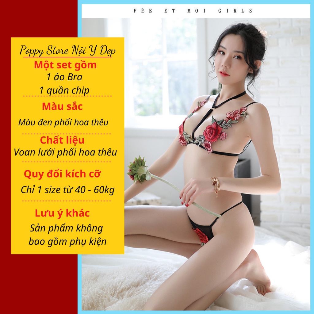 Bralette dáng bodychain siêu sexy gợi cảm thêu hoa nổi cao cấp vải thun mềm - Áo Bra hở lưng sexy - kèm quần lót hở đáy
