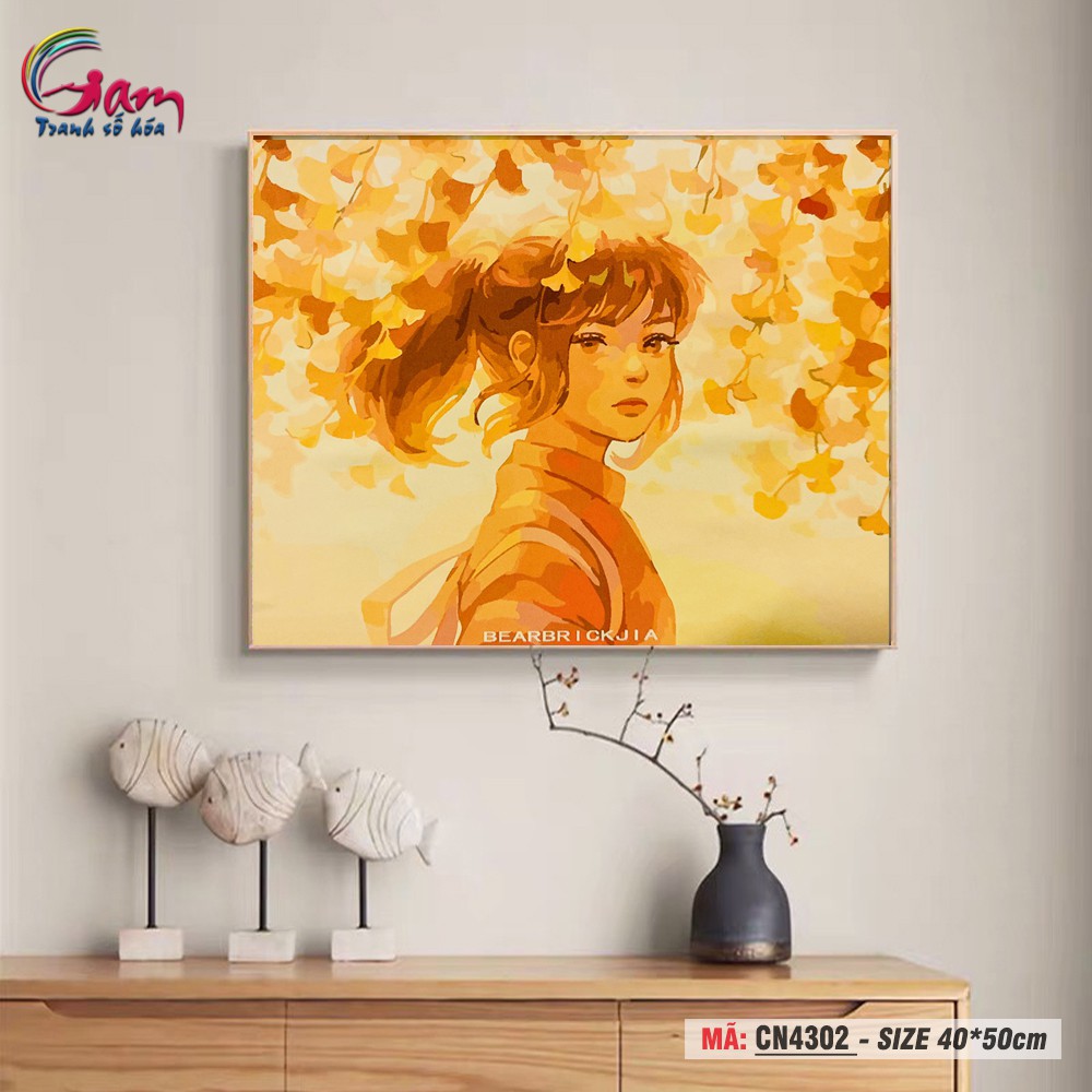 Tranh tô màu số hóa Gam treo tường trang trí cô gái mùa thu vàng CN4302