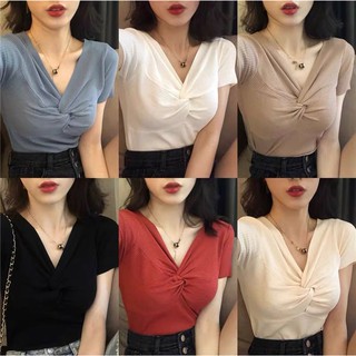 MS071 Áo len tăm cộc tay xoắn ngực