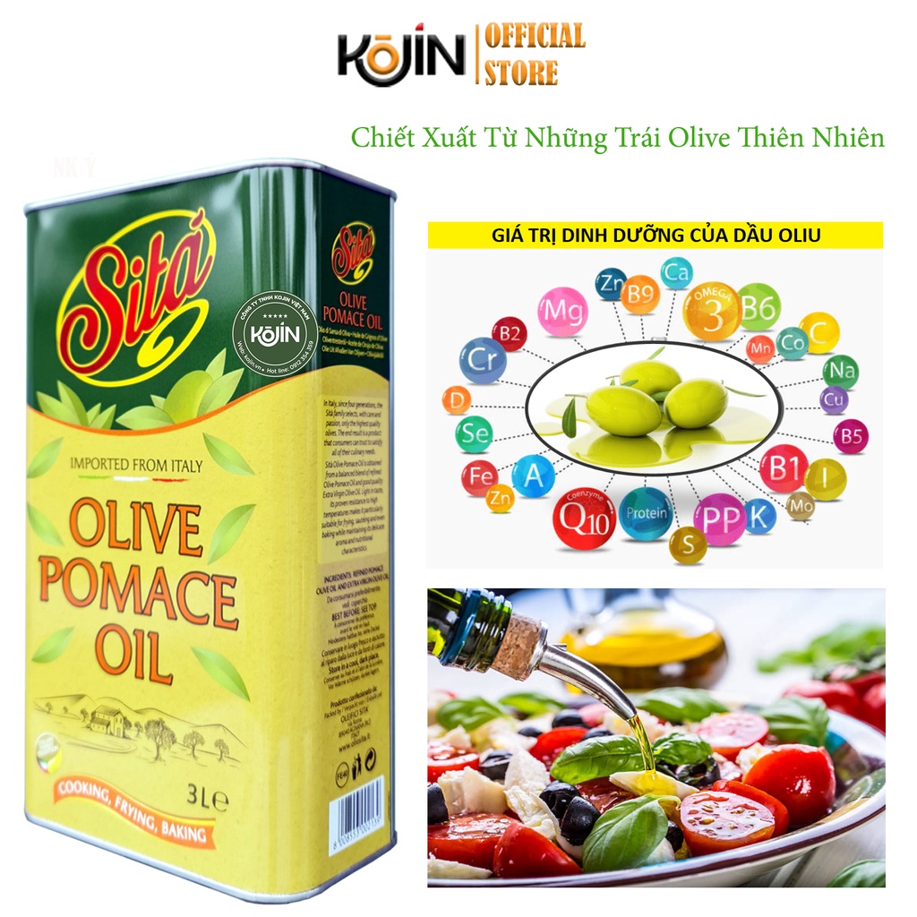 Dầu Olive Kojin Hiệu Sita CHÍNH HÃNG Ý Dầu Oliu Pomace Nguyên Chất Dùng Nấu Ăn Làm Bánh Can Thiếc 3L