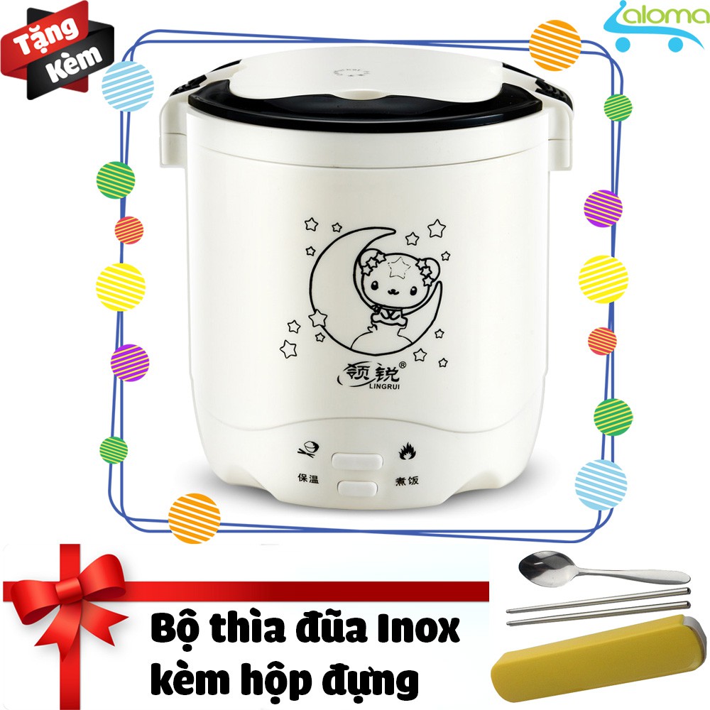 (BH 1 năm) Nồi cơm điện 1L mini Rice Cooker nấu cơm nấu cháo hâm nóng làm bánh - Tặng bộ thìa đũa Inox