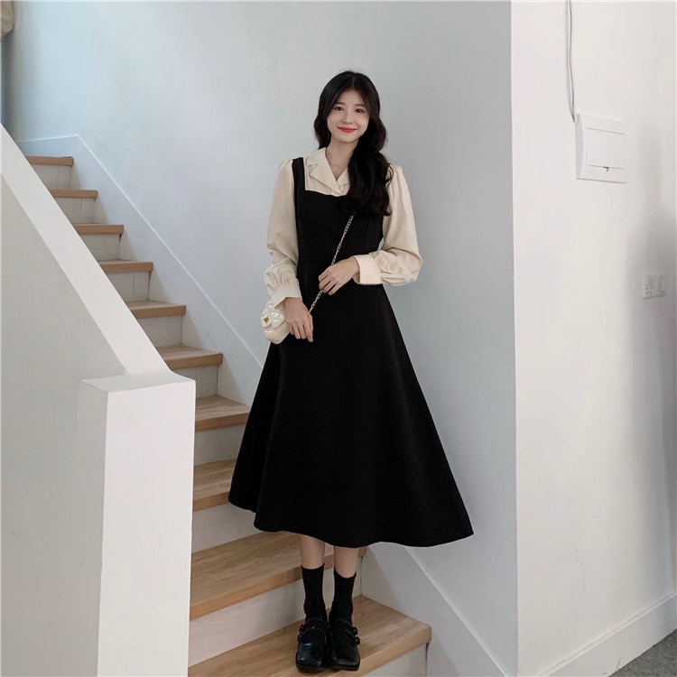 Đầm Chữ A Tay Dài Màu Sắc Tương Phản Phong Cách Hàn Quốc Dành Cho Nữ