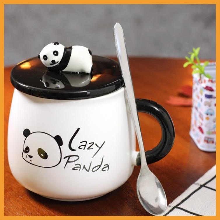 LY CỐC SỨ CẶP ĐÔI CÓ NẮP HÌNH GẤU PANDA CỰC NGỖ NGHĨNH 400ML KÈM THÌA XINH XẮN