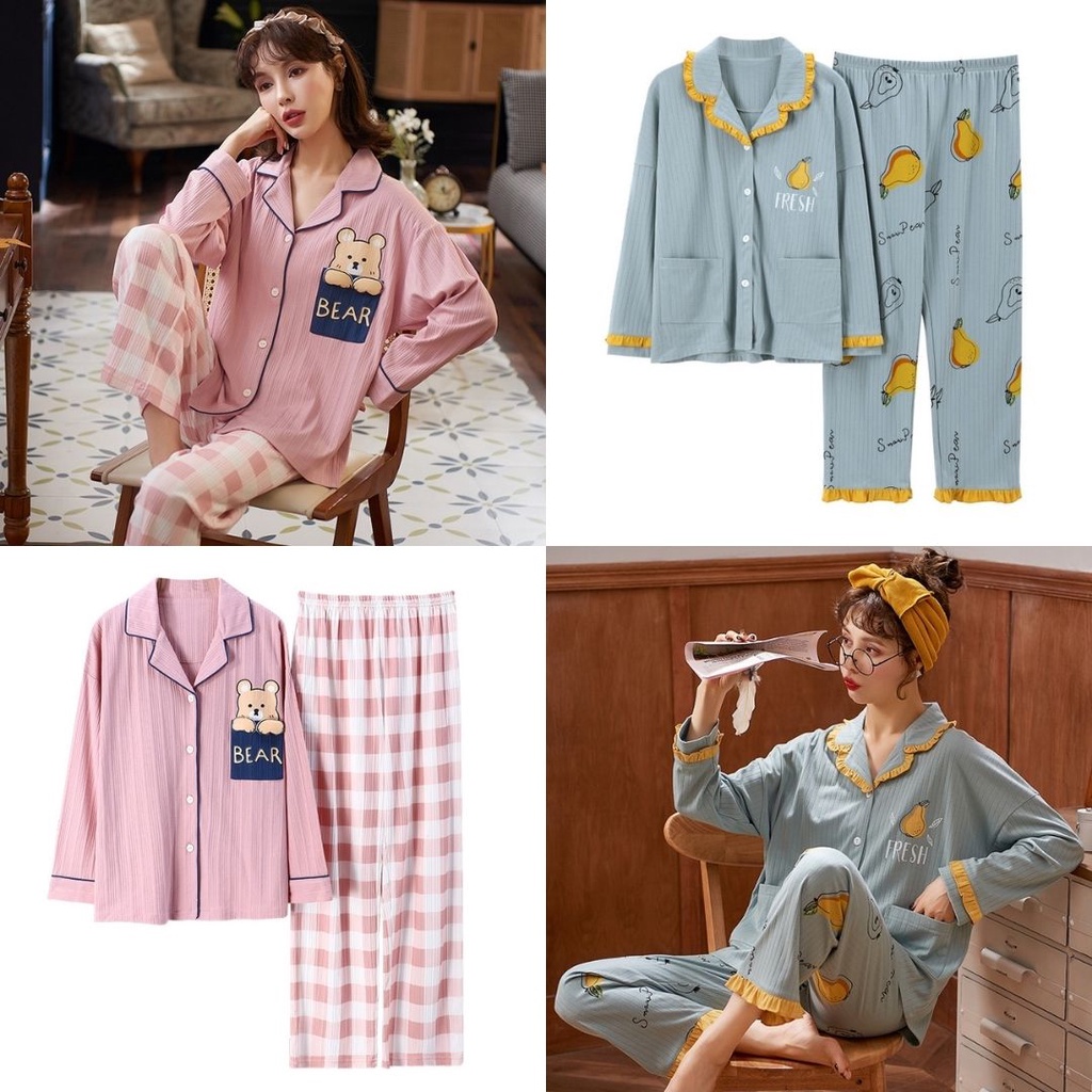 Đồ bộ nữ, đồ ngủ nữ, pyjama dài tay phối hình họa tiết thiết kế trẻ trung đáng yêu