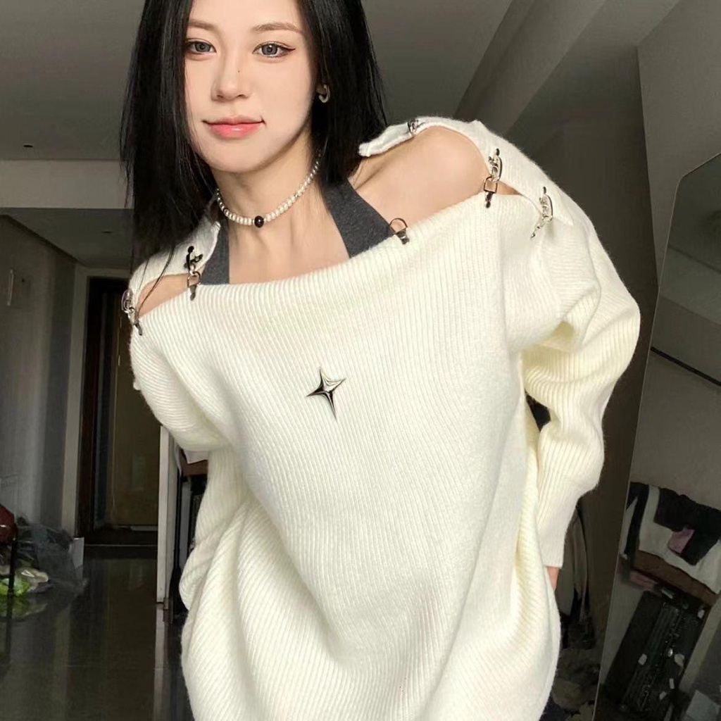Áo Sweater Dệt Kim Một Dây Hở Vai Khóa Máy Bay Thời Trang Mùa Thu 2022