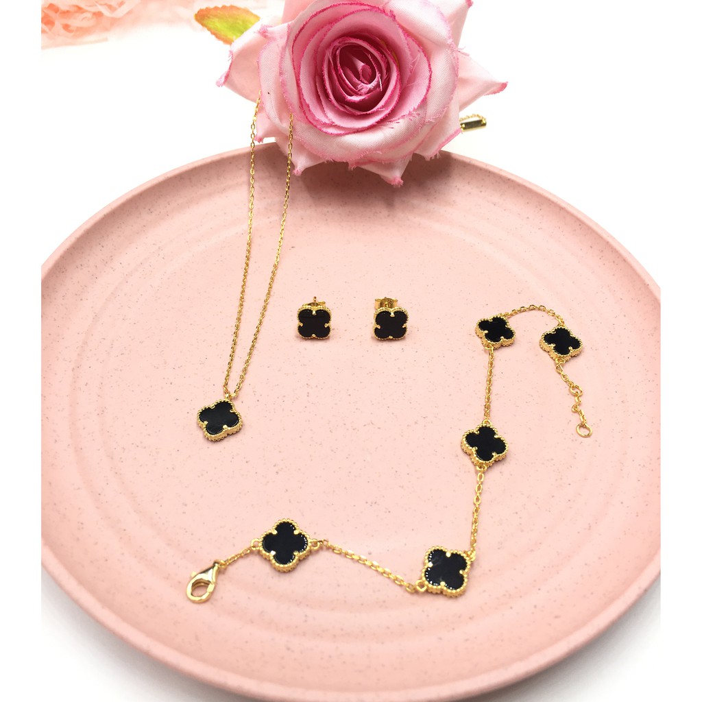 Bộ trang sức bạc ý 925 cỏ bốn lá ( ĐEN- VÀNG GOLD)