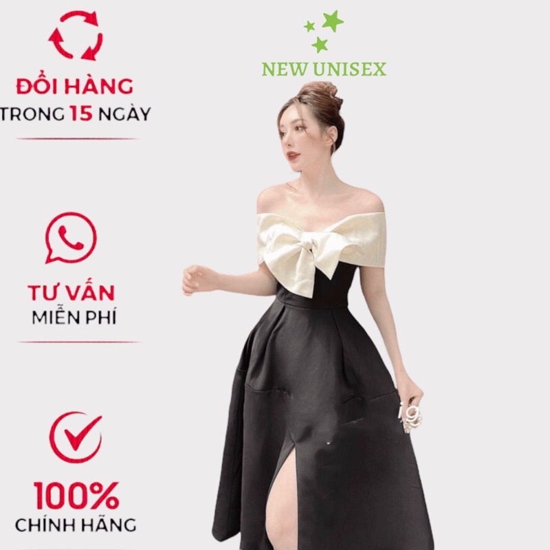 Đầm Dáng Xòe Xẻ Tà Phối Nơ Trắng Ngực, Màu Đen Chất Tapta Sang Chảnh Phù Hợp Đi Tiệc, Đi Chơi, Du Lịch [NEW UNISEX]
