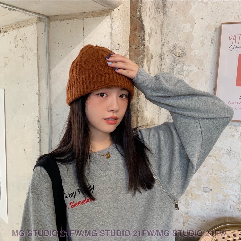 Mugua Sản Phẩm MG STUDIO / Nón Len Dệt Kim Màu Trơn Ấm Áp Dễ Phối Đồ Thời Trang Thu Đông Hàn Quốc Cho Nữ