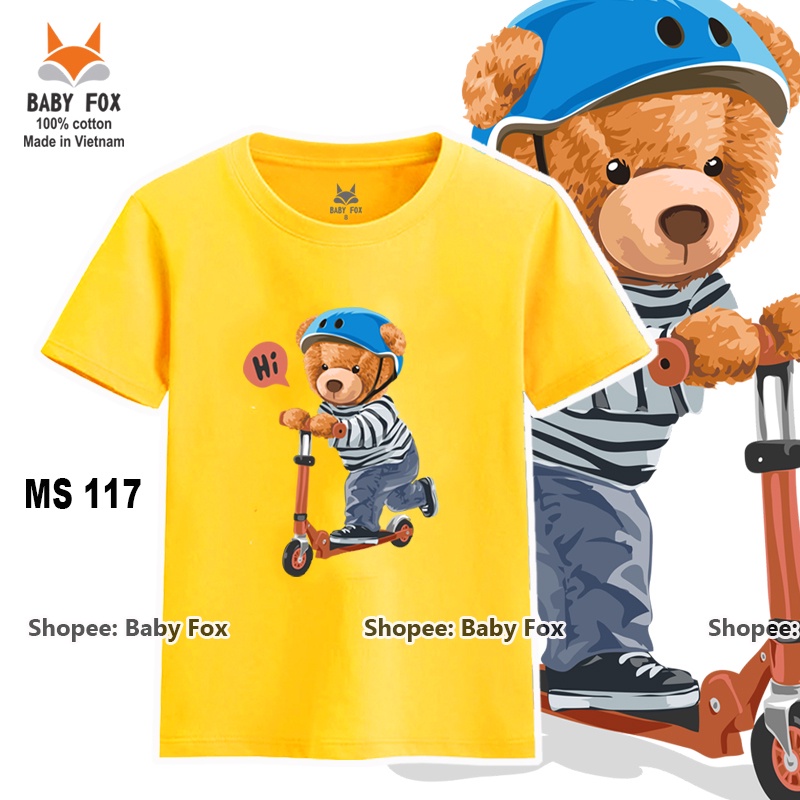 Áo thun bé trai 100% cotton loại tốt, áo phông thương hiệu BABY FOX, in hình gấu, size nhỏ, trung, đại  a