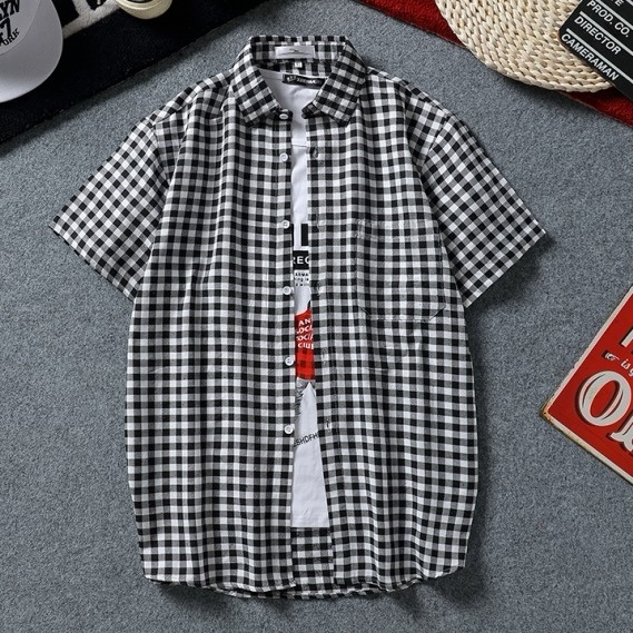 Áo khoác sơ mi tay ngắn dáng rộng họa tiết sọc caro thời trang cho nam