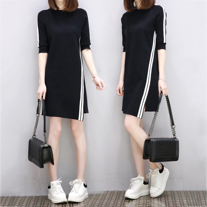Women Summer Half Sleeve Irregular Striped Dresses