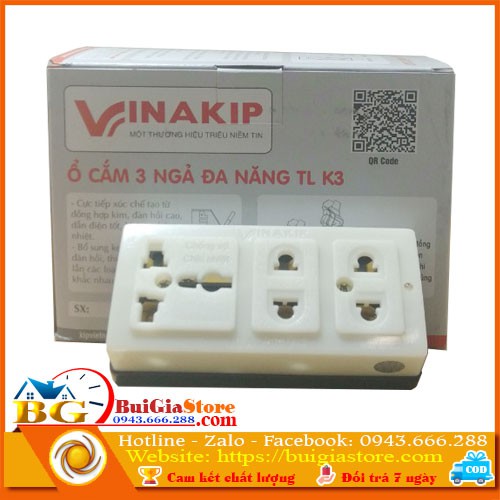 Hộp 10 cái ổ cắm 3 ngả đa năng Vinakip K3