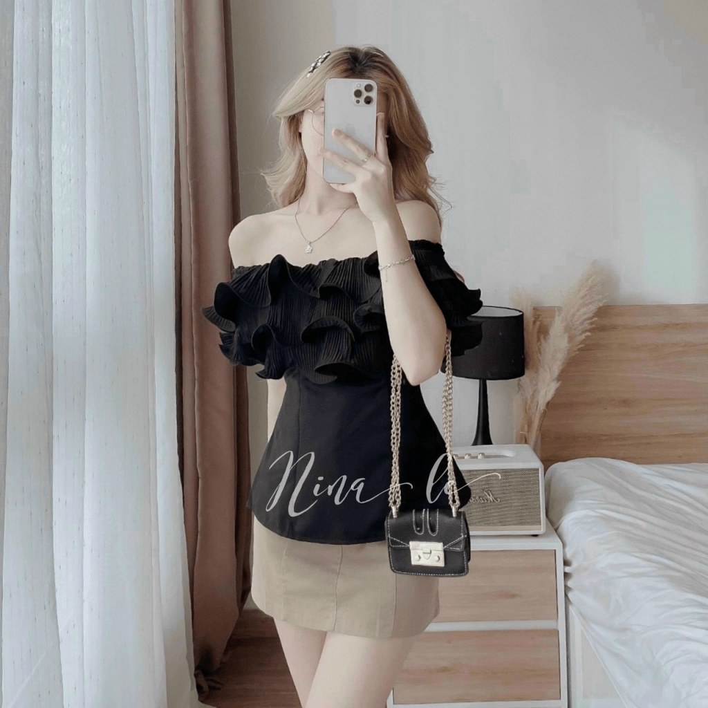 MẪU THỜI TRANG ĐẸP CHUẨN HOT GIRL | SÉT BỘ ÁO LỤA XẾP TẦNG TRỄ VAI PHỐI VÁY FORD SANG CHẢNH XINH HẾT Ý UP Hland1