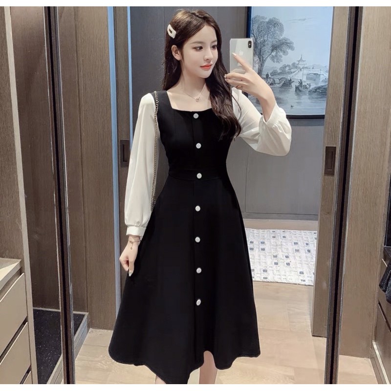 Đầm umi tay dài phối trắng