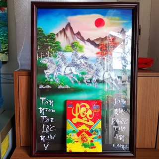 Lịch treo tường tráng gương Mã Đáo Thành Công, bìa bằng gỗ gắn sẵn lốc lịch năm mới, có khung gỗ