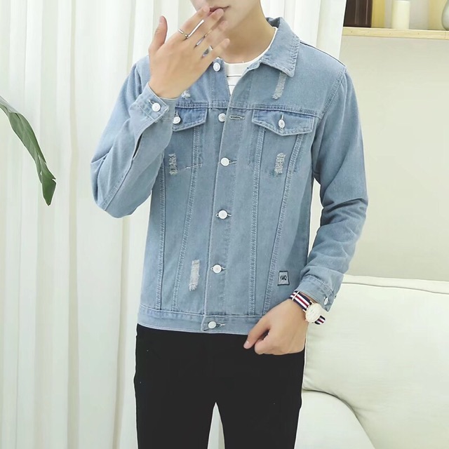 Giá vốn - Áo khoác jean nam màu xanh nhạt có wax túi tinh tế -xả kho