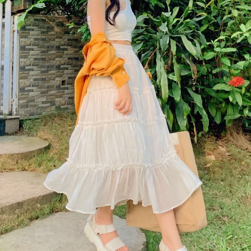 Chân váy dài xếp tầng chất tơ ý cạp chun đủ màu, freesize, thiết kế T-Ju, phong cách Hàn Quốc (cv trong trẻo) | BigBuy360 - bigbuy360.vn