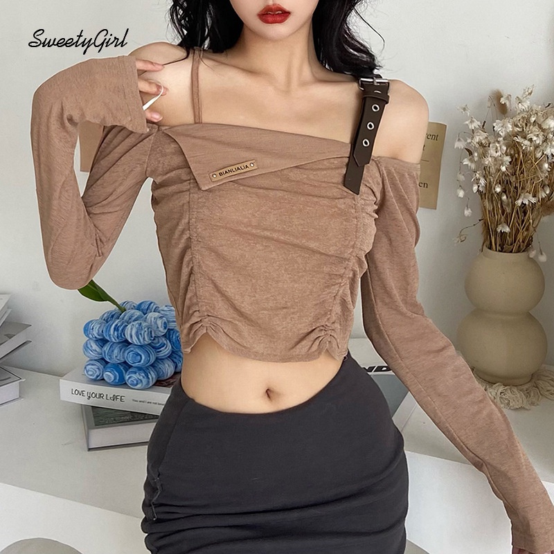 Áo Thun Kaki Tay Dài Hở Vai Dáng Ôm Màu Trơn Thời Trang 2022 Dành Cho Bạn Nữ