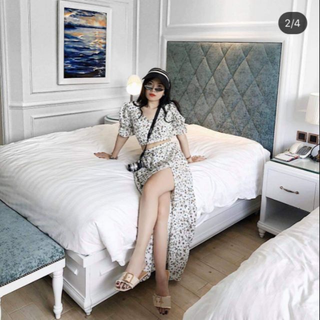 Set maxi hoa chân váy xẻ