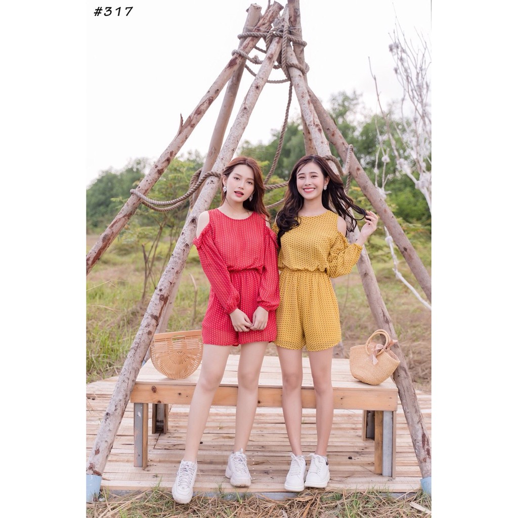JU829 - Jumpsuit Short Khoét Vai Họa Tiết Nhí Nhiều Màu Kèm Hình Thật
