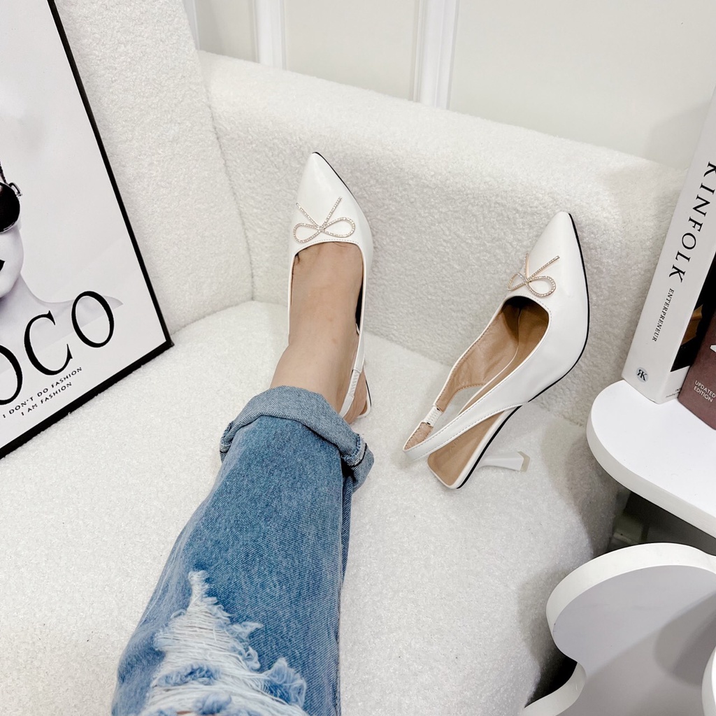 Sandal cao gót nữ 7p mũi nhọn bít bản nơ xoàn đá hàng cao cấp chất da đẹp xịn sò - Chị Chảnh Store