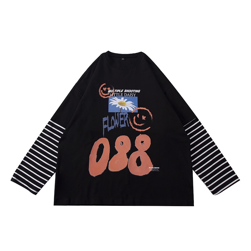 Cặp áo thun IFNICEFUTURE vải cotton dài tay dáng rộng cổ lớn in họa tiết phong cách Hồng Kông thời trang mới cho nam nữ