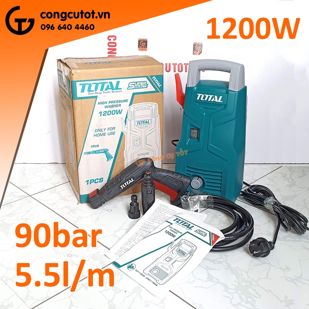 Bộ máy xịt rửa gia đình 1200W 220V tốc độ 5.5 lít/phút kèm 3m dây và vòi Total