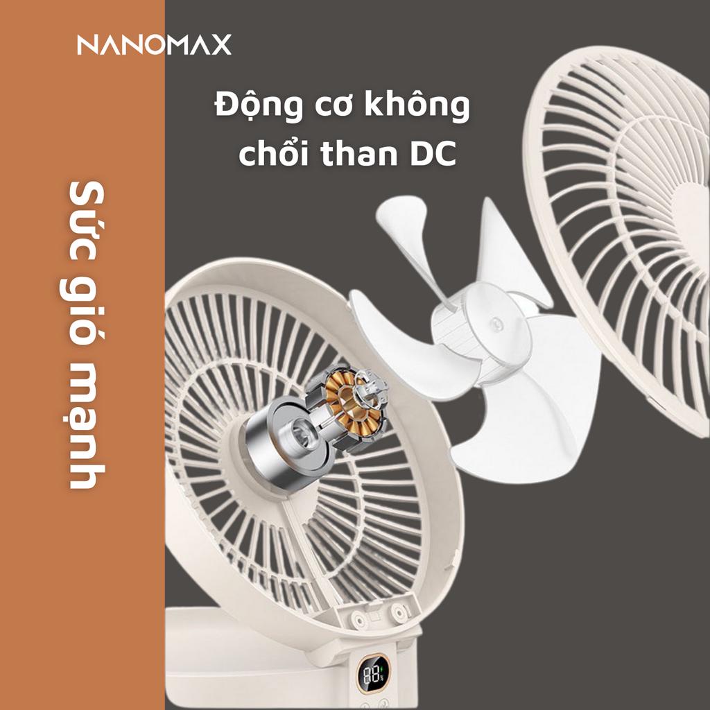 Quạt Mini Tích Điện NANOMAX WSK302, Gấp Gọn, Để Bàn, Treo Tường, Điều Khiển Từ Xa, Đèn Ngủ, Đế Xoay 90 Độ, 3 Tốc Độ Gió