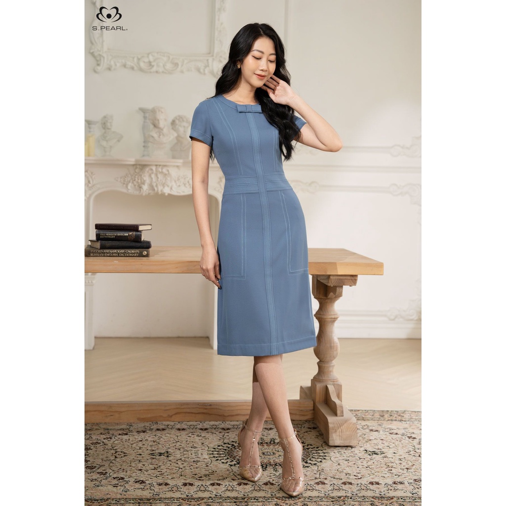 Đầm công sở liền thân thiết kế S.PEARL màu xanh ghi 21LF6896225